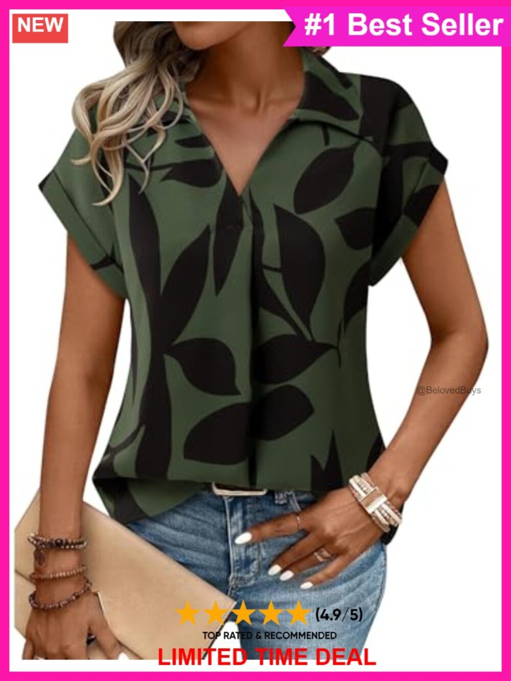 Women's V-Neck Short Sleeve Blouse Tunic Work Top Pleated Front